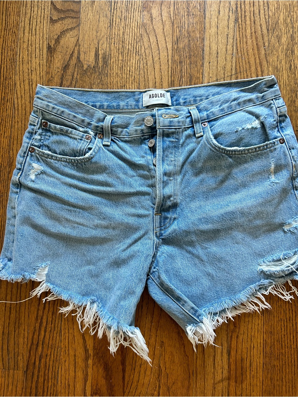 Agolde Light Blue Distressed Parker Long Denim Shorts